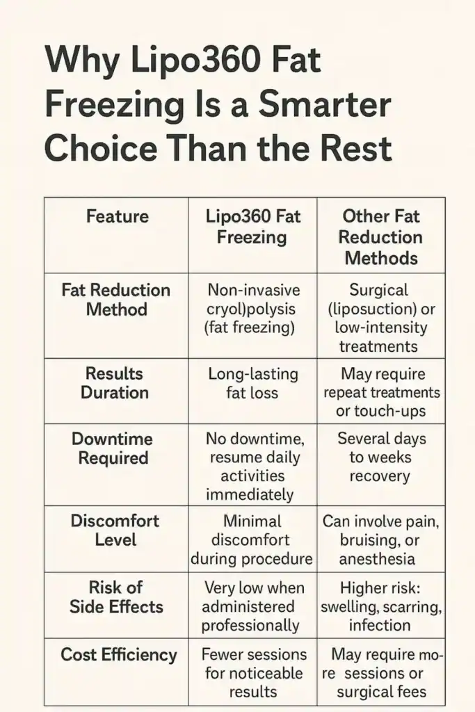 Is it possible to permanently freeze fat cells? 2 Table showing benefits of fat freezing to remove fat cells West Bromwich from Lipo 360